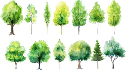 Spring botanical section including a set of watercolor green trees isolated on a white backdrop for drawing landscapes. - obrazy, fototapety, plakaty