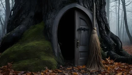 Gordijnen A wooden door with a witch s broom leaning against it in a spooky forest   (1) © Taskin