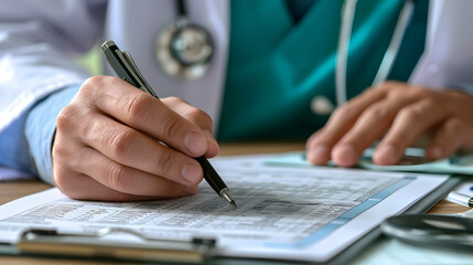A focused physician diligently pens down vital information on a crisp sheet of paper, utilizing the...