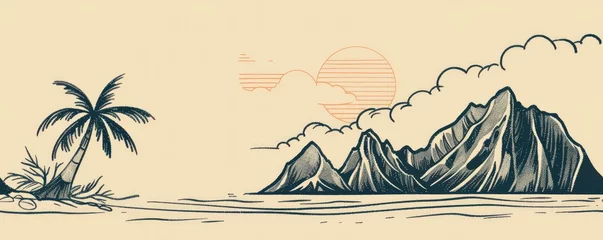 Peel and stick wallpaper Mountains simple line drawing with mountains and the sun