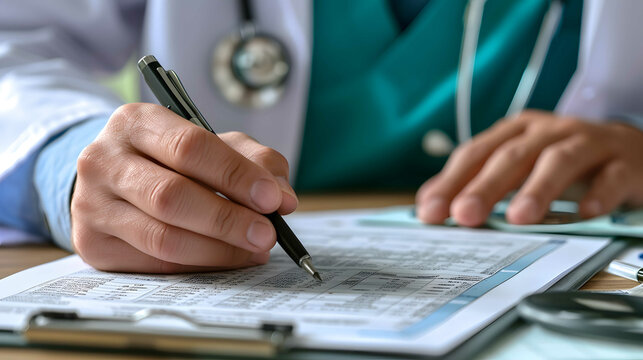 A focused physician diligently pens down vital information on a crisp sheet of paper, utilizing the precision of their trusty writing instrument in their well-equipped office