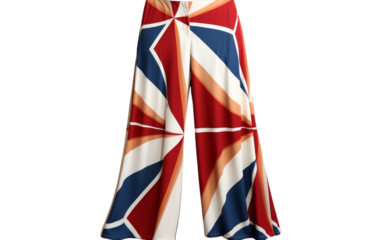 A woman confidently strutting in red, white, and blue pants, showcasing her patriotic spirit