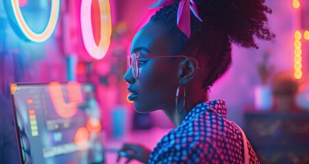 Female Specialist is Writing Business Strategy, Using Digital Tablet to Take Notes in Creative Office Environment. Young Project Manager with Headphones Working on Laptop Compute