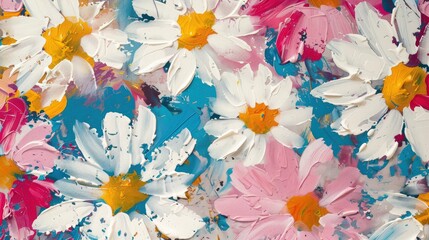 colourful impasto daisy flower painting overlapped on blue background