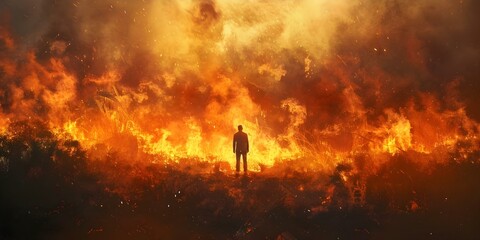 Obraz na płótnie Canvas A man confronts a blazing wildfire in a foreboding artwork representing devastation and the battle against terrorism. Concept Wildfire, Devastation, Terrorism, Battle, Confrontation