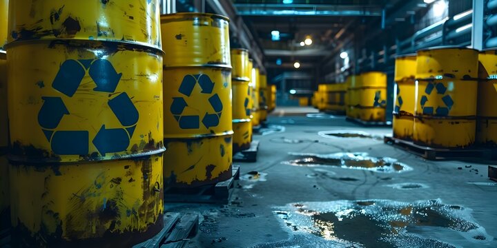 Secure industrial facility storing barrels of radioactive waste with hazard symbols. Concept Industrial Security, Hazardous Materials, Radioactive Waste, Safety Regulations, Facility Storage