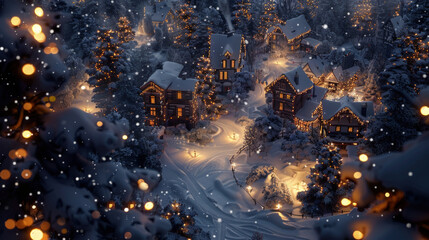 A winter night in a village covered in snow, illuminated by countless twinkling lights from buildings and street lamps