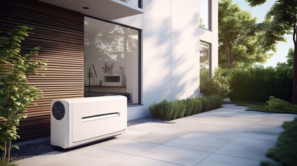 Air heat pump near modern house