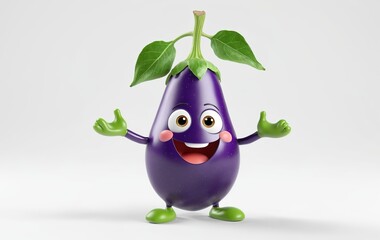 Cartoon Eggplant with Human Features on Plain Background