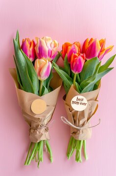 two wrapped tulip flower bouquets with best mom ever writting on pink solid background. Mothers Day