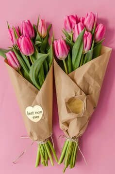 two wrapped tulip flower bouquets with best mom ever writting on pink solid background. Mothers Day
