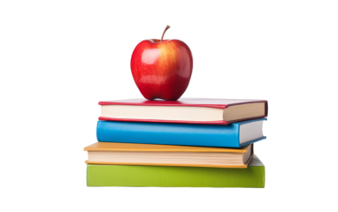 A vibrant red apple perched on top of a stack of books