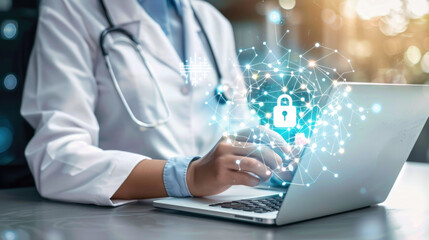 A doctor sitting at a desk, focused on typing on a laptop with a lock on the screen, indicating a secure login process - obrazy, fototapety, plakaty