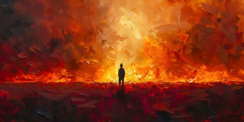A man stands before a raging wildfire in an ominous painting symbolizing destruction and the fight against terrorism. Concept Wildfire, Destruction, Terrorism, Symbolism, Fight