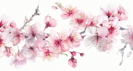 Watercolor Sakura Cherry Blossom Flower Blooming Collection Set Pattern on White Background