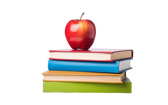 A vibrant red apple perched on top of a stack of books