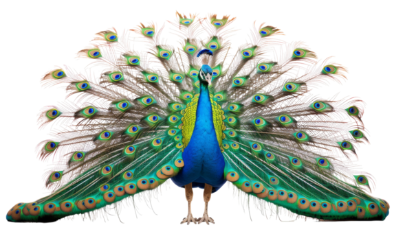 A vibrant peacock proudly displays its colorful, iridescent feathers in a mesmerizing fan shape
