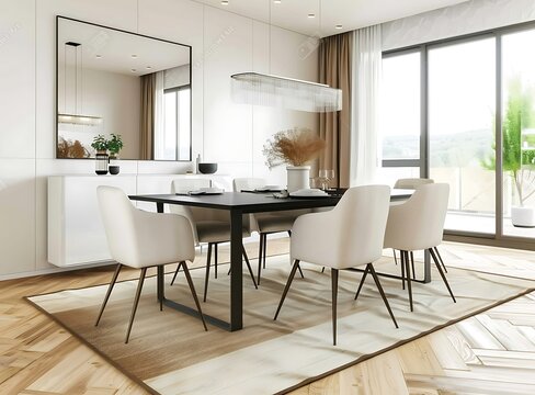 Modern dining room with white chairs, a black table and a beige rug on a wooden floor