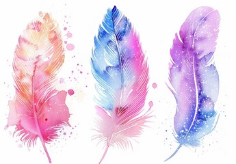 Three watercolor feathers are displayed in varying hues of blue, pink, and purple