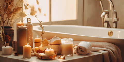 
Luxury spa treatment in modern bathroom with candlelit relaxation  - obrazy, fototapety, plakaty