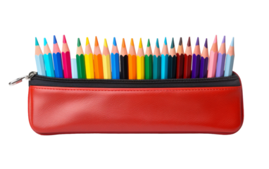 A red pencil case bursting with colorful pencils