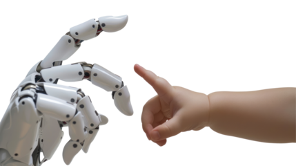 White cyborg robot hand points finger at a child's hand with an outstretched finger, isolated on white background or transparent