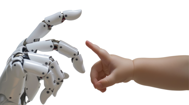 White cyborg robot hand points finger at a child's hand with an outstretched finger, isolated on white background or transparent