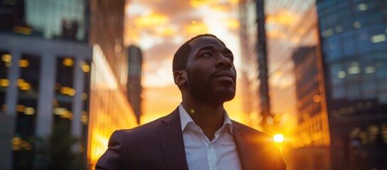Happy wealthy rich successful black businessman standing in big city modern skyscrapers street on sunset thinking of successful vision, dreaming of new investment opportunities - obrazy, fototapety, plakaty