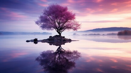 Purpel Tree or Lavender tree stands on a misty islet - obrazy, fototapety, plakaty