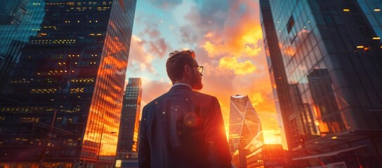 Happy wealthy rich successful black businessman standing in big city modern skyscrapers street on sunset thinking of successful vision, dreaming of new investment opportunities - obrazy, fototapety, plakaty