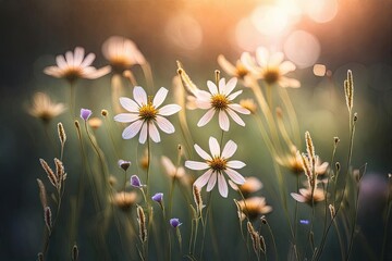 Spring floral background. Summer flowers background with sun light.