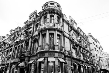 Shanghai, China - May 8 2015: Black and white Picture of the 1930s colonized style building in the...