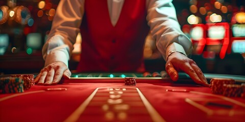 Casino croupier at work in a gambling club. Concept Gambling Industry, Croupier Role, Gaming Skills, Casino Etiquette, Card Dealing Techniques