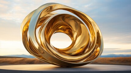 Swirling golden liquid sculpture against a cloudy white sky