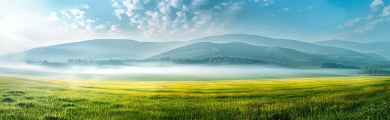 Beautiful spring and summer natural panoramic pastoral landscape with blooming field