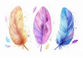 Three vibrant feathers coated with colorful watercolor paint