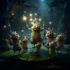 Wandaufkleber Fantasy scene with a group of little mice in the forest. © Wazir Design