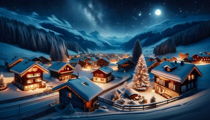 Enchanting Winter Night in a Snowy Alpine Village