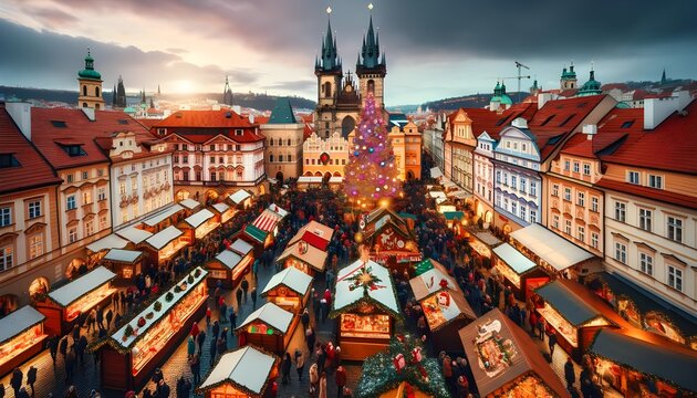 Traditional Christmas Market in Prague with Festive Atmosphere