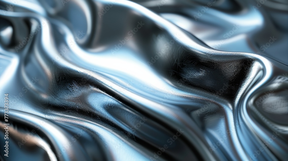 Poster a shiny silver fabric with a wave pattern. the fabric is reflective and has a metallic sheen