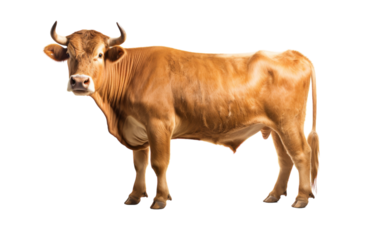 A brown cow stands elegantly on a white floor, showcasing its strength and poise