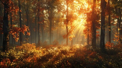 A forest with trees in the foreground and background. The sun is shining through the trees, creating a warm and peaceful atmosphere