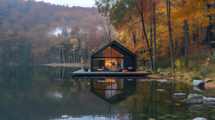 Fototapeta premium Modern minimalist lake house cabin by lake at dusk, mountains in background.