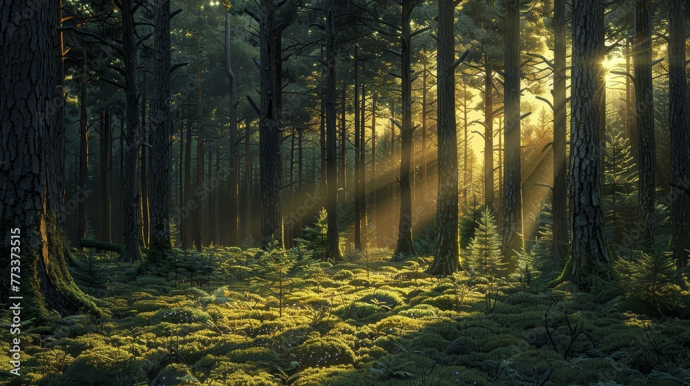 Poster A forest with sunlight shining through the trees. The light is casting shadows on the ground, creating a serene and peaceful atmosphere