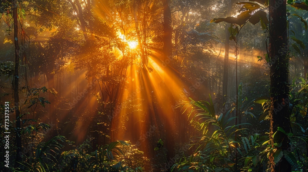 Poster a sun is shining through the trees, casting a warm glow on the forest floor. the light is bright and