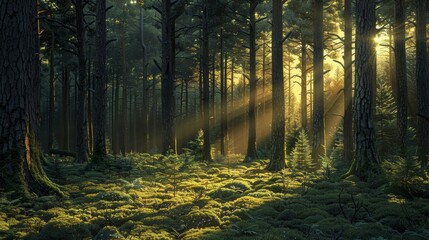 A forest with sunlight shining through the trees. The light is casting shadows on the ground, creating a serene and peaceful atmosphere