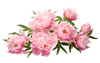 A delicate bouquet of pink peonies rests on a serene white background