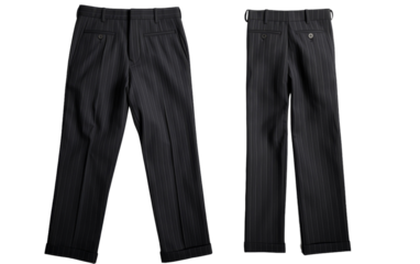 A pair of black pinstripe pants resting on a white background
