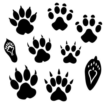 big set of Footprints of domestic and wild animals silhouette vector art illustration