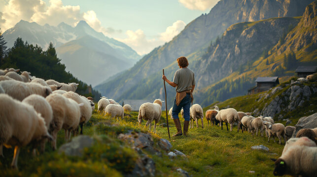  Man with staff among sheep in mountainous pasture. Shepherd.